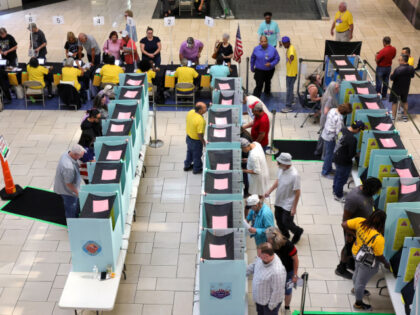 LAS VEGAS, NEVADA - OCTOBER 21: Clark County Election Department poll workers check in vot