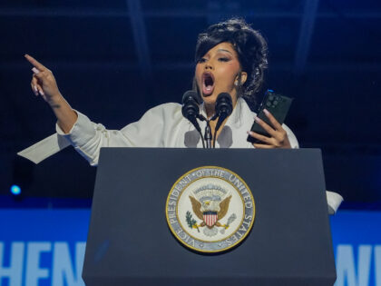 JANESVILLE, WISCONSIN - NOVEMBER 01: Cardi B speaks during a campaign rally for Democratic