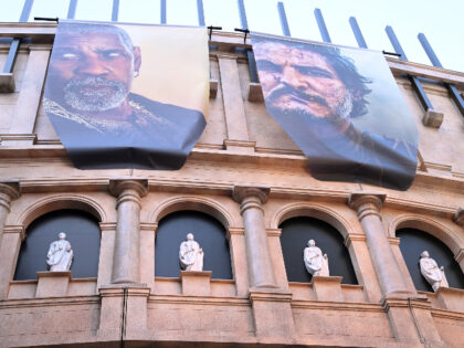 HOLLYWOOD, CALIFORNIA - NOVEMBER 17: An exterior view of Roman statues in the 40-foot tall