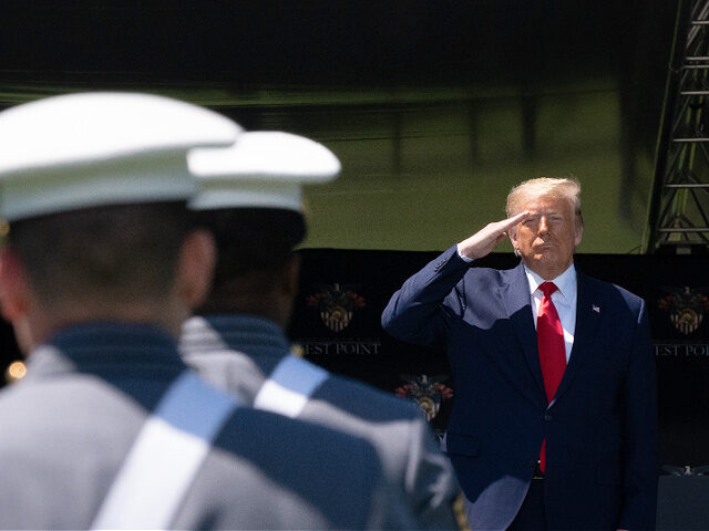 WEST POINT, NY - JUNE 13: U.S. President Donald Trump salutes cadets at the beginning of t