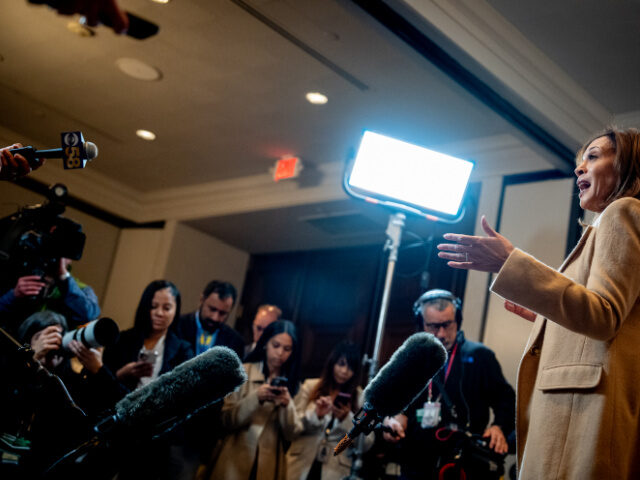 Democratic presidential nominee, U.S. Vice President Kamala Harris speaks to members of th