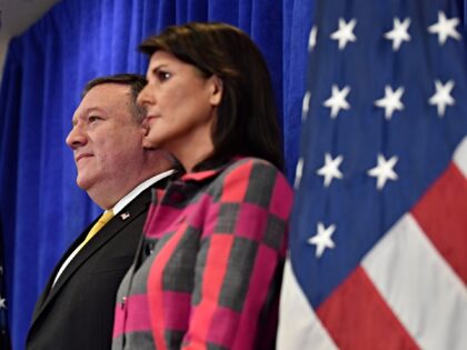 US Ambassador Nikki Haley (R), US Secretary of State Mike Pompeo (C) and US national secur