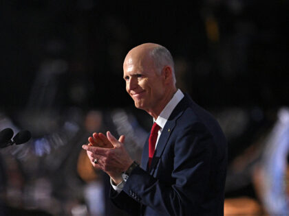 Florida Senator Rick Scott gestures after speaking during the second day of the 2024 Repub