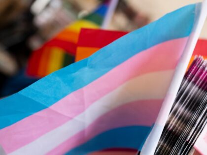 A transgender pride flag is displayed at a booth during Portland Pride on July 21, 2024, i