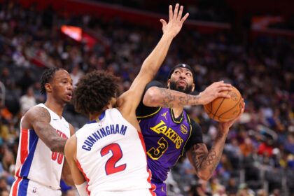 Anthony Davis of the Los Angeles Lakers looks to shoot in an NBA loss to the Detroit Pisto