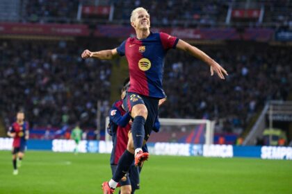 Barcelona's Spanish forward Dani Olmo celebrates scoring their third goal in the win over