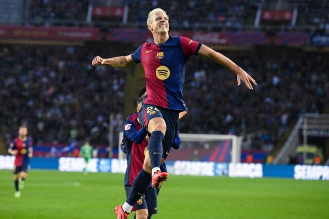 Barcelona's Spanish forward Dani Olmo celebrates scoring their third goal in the win over