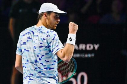 Benjamin Bonzi celebrates on his way to a first ATP title in Metz