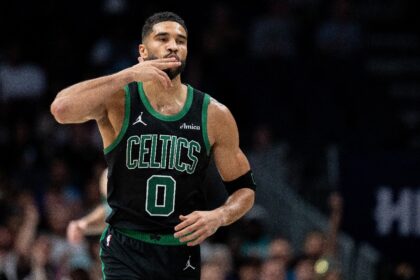 Boston star Jayson Tatum reacts in the first quarter of the Celtics' win over the Charlott