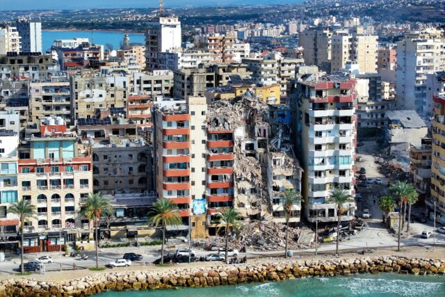 Buildings along the Mediterranean seafront of the Lebanese city of Tyre show heavy damage