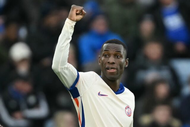 Chelsea forward Nicolas Jackson celebrates after scoring against Leicester