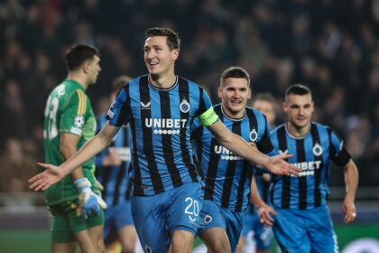 Club Brugge's Hans Vanaken (L) celebrates after scoring against Aston Villa