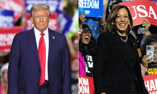 Democratic Vice President Kamala Harris (R) and Republican former president Donald Trump (