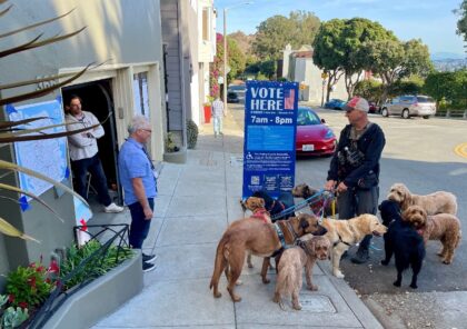 A dog walker stops by a garage converted into a polling station to chat with election work