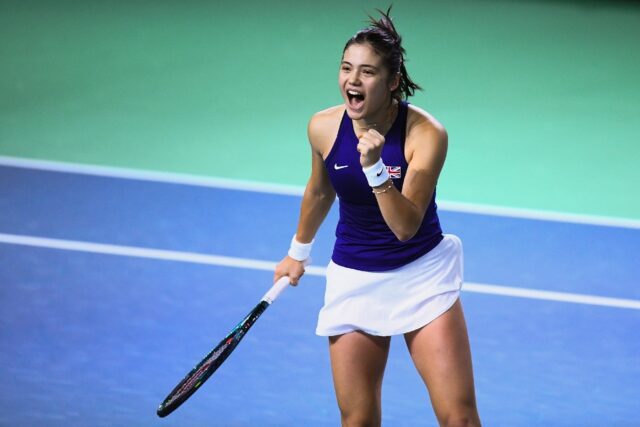 Emma Raducanu reacts after winning her semi-finals singles tennis match against Viktoria H