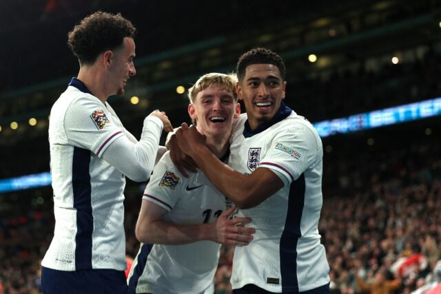 England's Anthony Gordon (C) celebrates scoring against Ireland