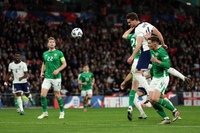 England defender Taylor Harwood-Bellis scores against Ireland