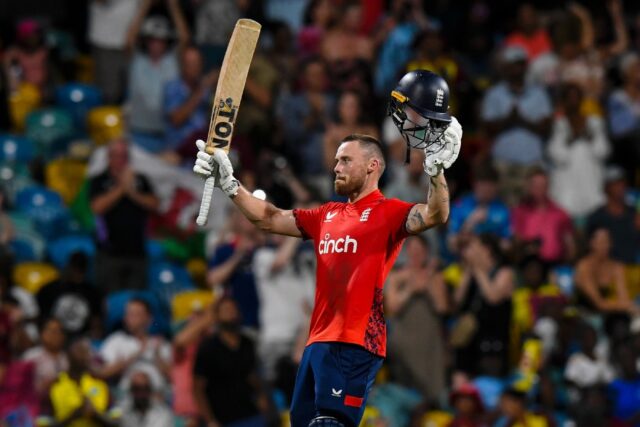 England's Phil Salt celebrates his century during victory West Indies at Kensington Oval o