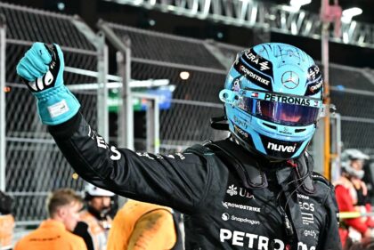 Fast show: Mercedes' George Russell celebrates securing pole position