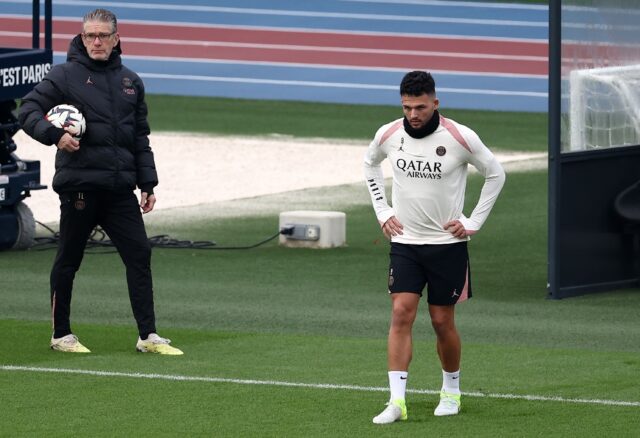 Goncalo Ramos (R) is back training with his PSG team-mates having been out with an ankle i