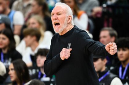 Head coach Gregg Popovich directs the San Antonio Spurs during an NBA victory over the Uta