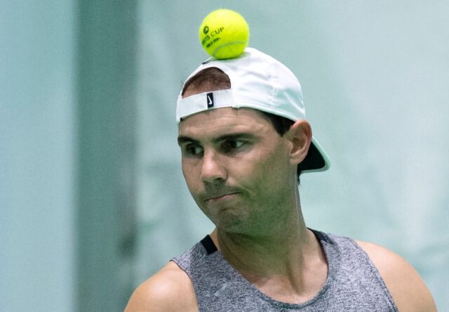 Head of the class: Rafael Nadal heads the ball during a training session ahead of the Davi