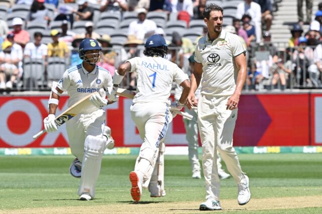 India's KL Rahul and Yashasvi Jaiswal (L) add another run against Australia on day two in