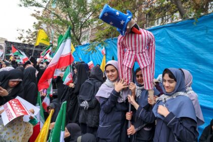 Iranians gathered outside the former US embassy in Tehran on the 45th anniversary of the h