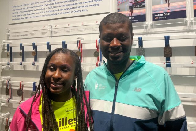 Jasmine Murrell (L) and husband Kevin Orcel, visually impaired runners from New Jersey who