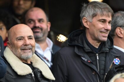 Jorge Sampaoli (L) with Rennes sporting director Frederic Masssara ahead of a Ligue 1 loss