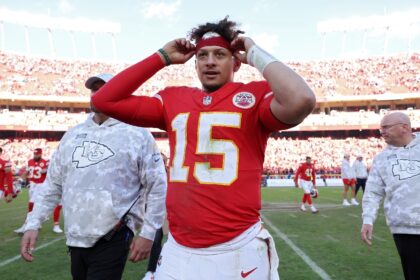 Kansas City Chiefs quarterback Patrick Mahomes reacts after his team narrowly avoided defe