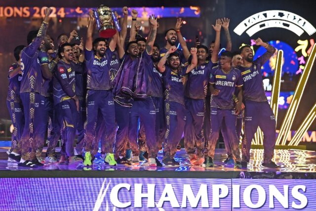 Kolkata Knight Riders players celebrate winning the IPL