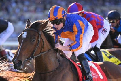 Lake Victoria, ridden by Ryan Moore, wins the Breeders' Cup Juvenile Fillies Turf at Del M