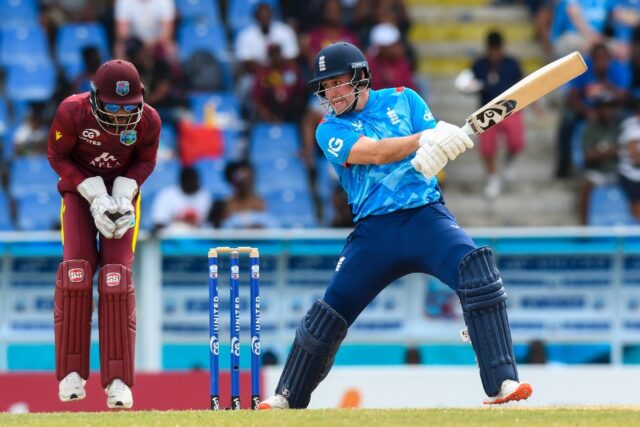 Leading from the front: Liam Livingstone hits a boundary watched by opposition skipper Sha