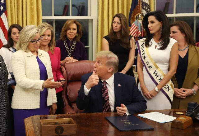 Liz Cheney (left), pictured with Donald Trump at the White House in 2019, fell out of favo