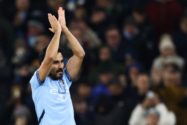 Manchester City's Ilkay Gundogan celebrates after scoring against Feyenoord