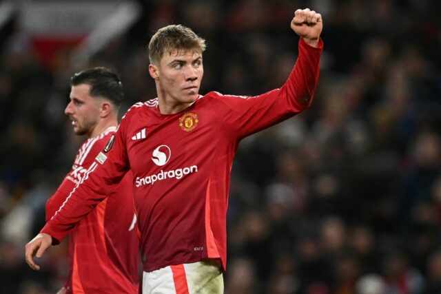 Manchester United forward Rasmus Hojlund celebrates his goal against Bodo/Glimt at Old Tra