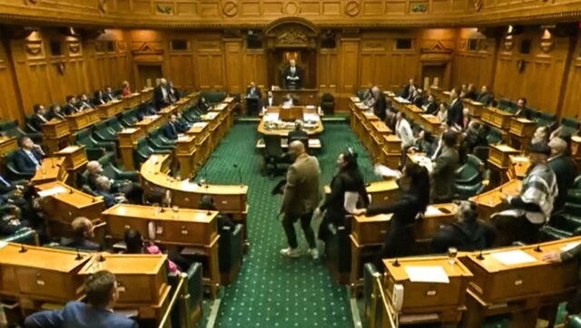 Maori lawmakers leave their seats to perform a traditional haka dance in protest against a