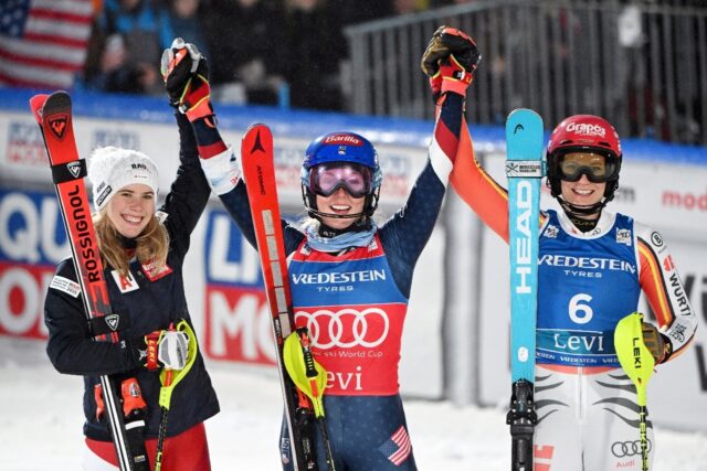 Mikaela Shiffrin (C) won in Levi for the eighth time