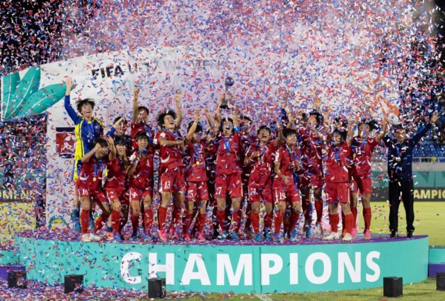 North Korea celebrate winning the Women's World Cup at under-17 level on November 3