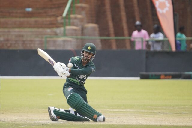 Pakistan opener Saim Ayub plays a shot during his unbeaten 113 in a ODI victory over Zimba