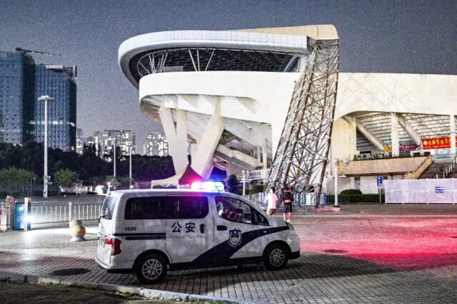 A police car is seen at the Zhuhai Sports Centre on November 12, 2024, a day after a car r