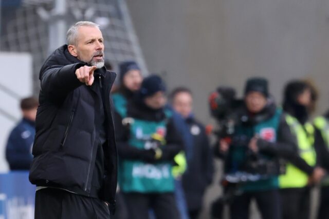 RB Leipzig manager Marco Rose barks orders from the sideline in his side's 4-3 loss to Hof