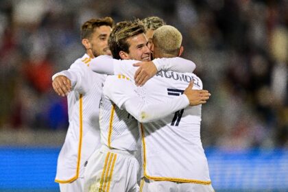 Riqui Puig of Los Angeles Galaxy celebrates after the first of his two goals in a 4-1 MLS