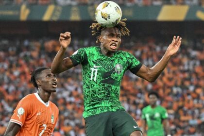 Samuel Chukwueze (R) scored for Nigeria in a shock Africa Cup of Nations qualifying loss t