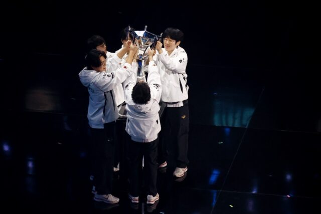 South Korea's T1 celebrate winning the League of Legends world championship