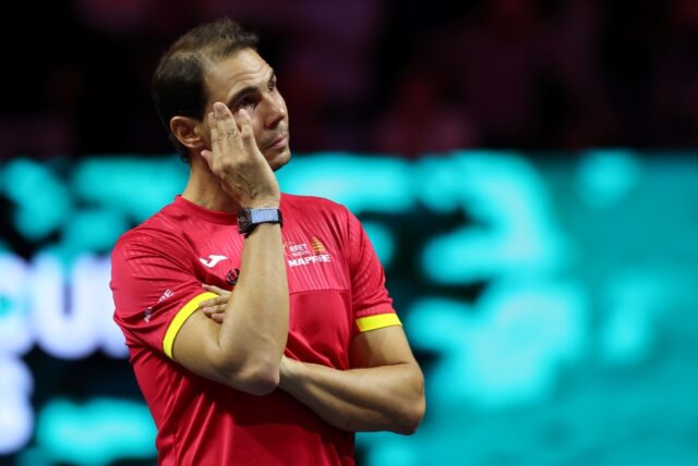 Spain's Rafael Nadal cries as he attends a tribute to his career after Davis Cup eliminati