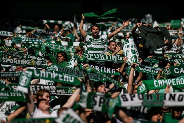 Sporting fans celebrate at their Jose Alvalade stadium in Lisbon