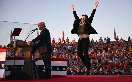 Tesla and SpaceX CEO Elon Musk exults during a Donald Trump rally in Pennsylvania in Octob