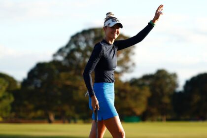 Top-ranked Nelly Korda of the United States celebrates after winning the LPGA Annika tourn